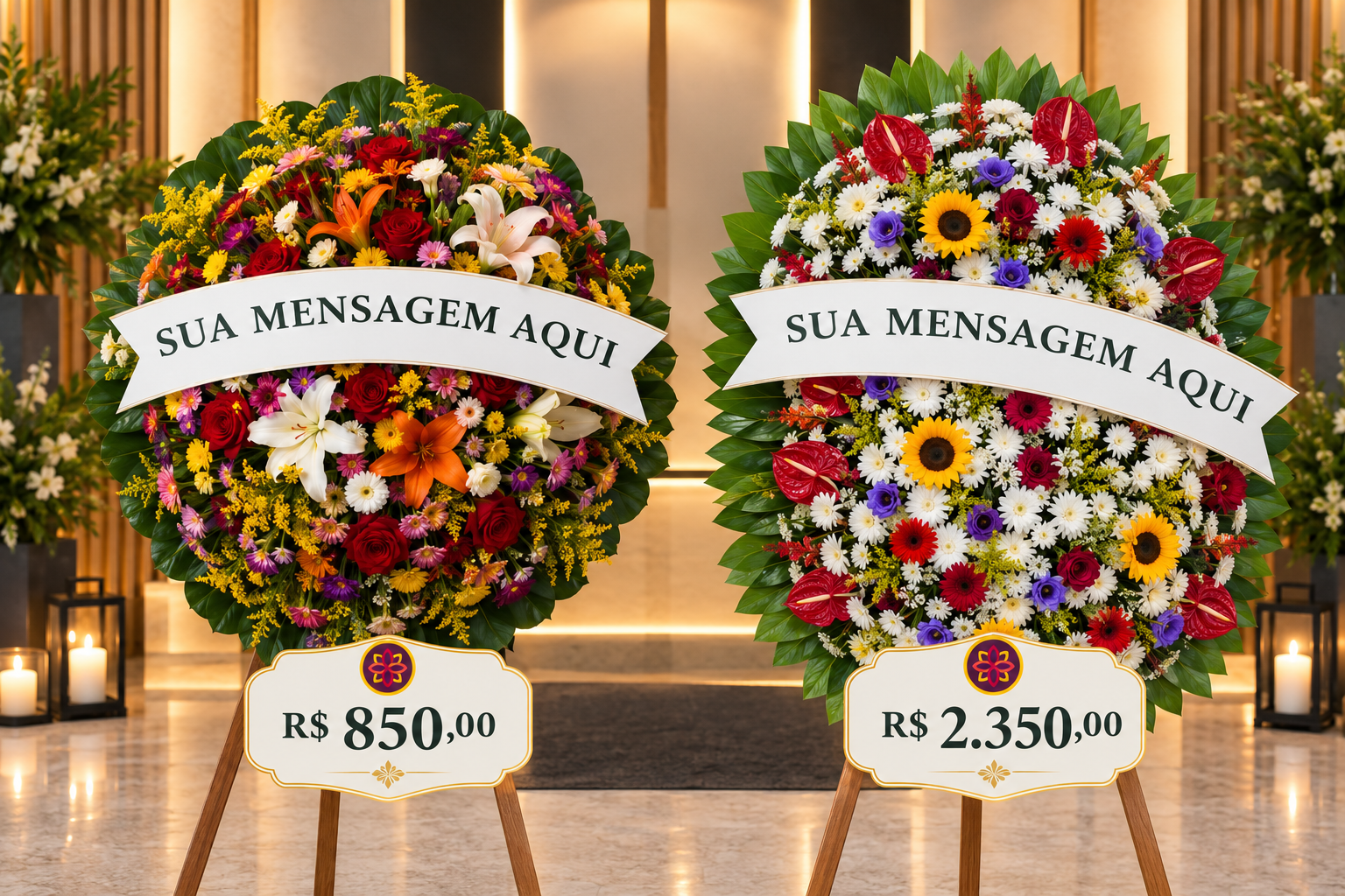 Coroa de flores coloridas por R$ 850,00 e coroa de flores variadas por R$ 2.350,00