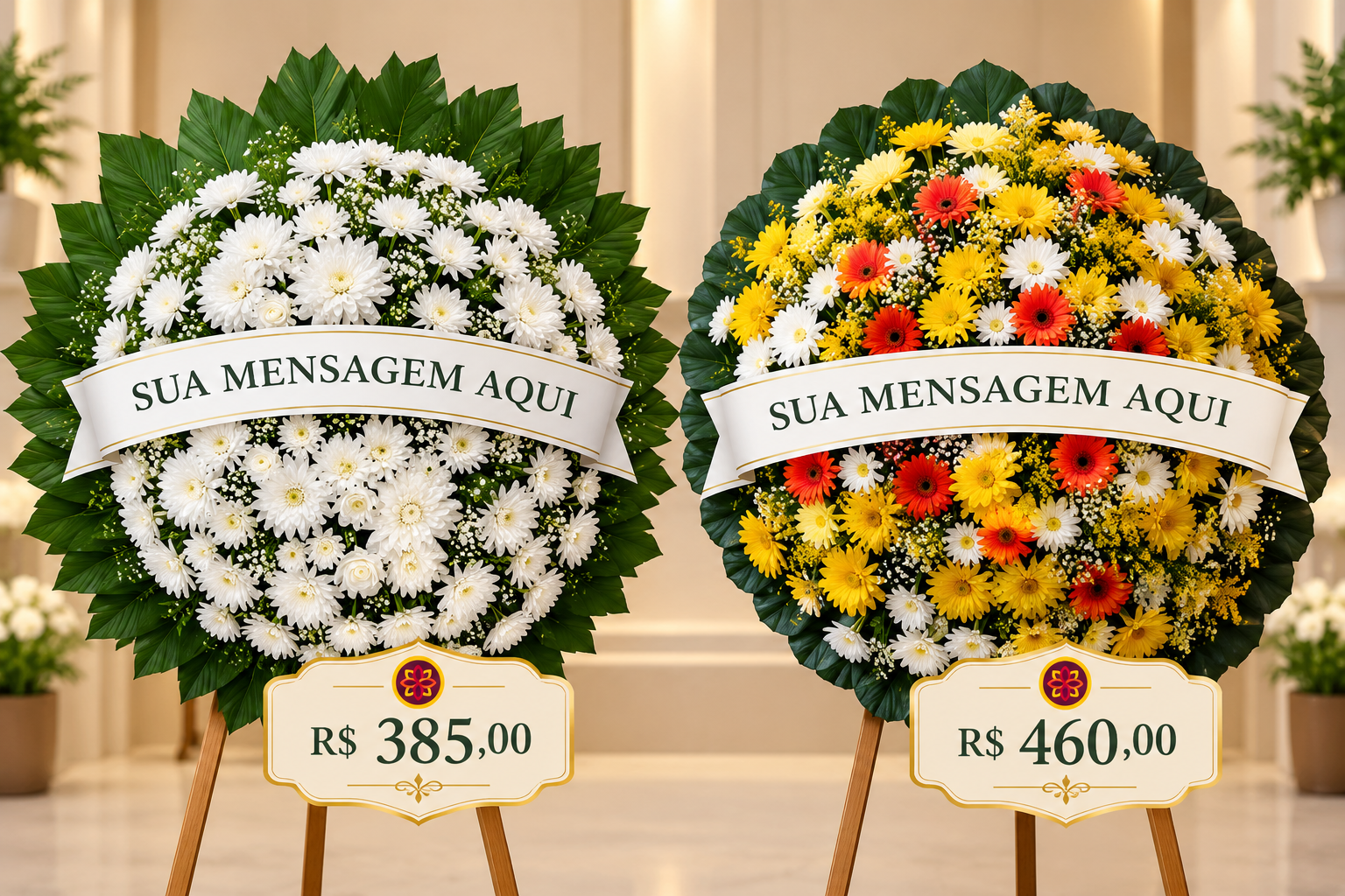 Coroa de flores brancas por R$ 385,00 e coroa de flores amarelas por R$ 460,00
