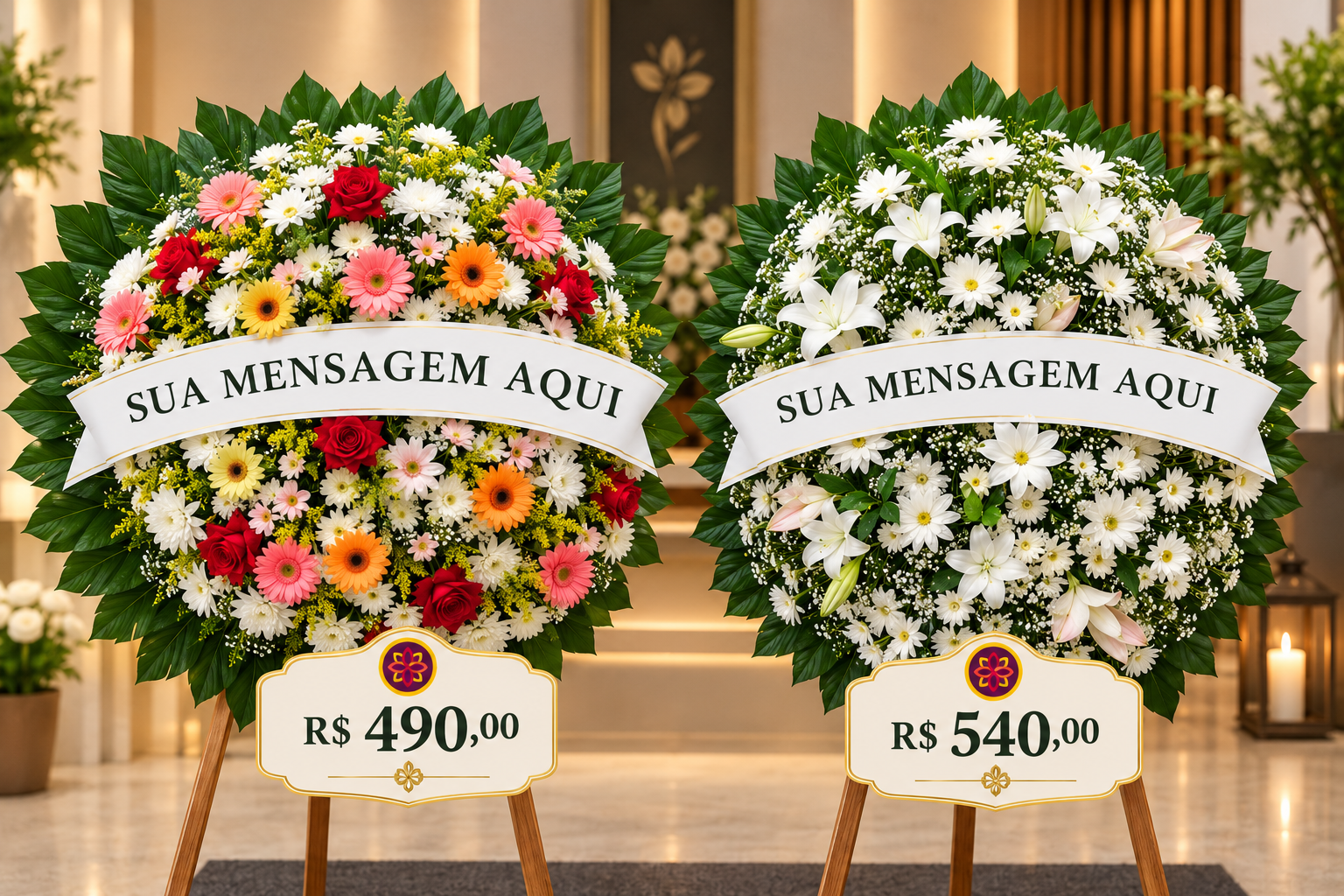 Coroa de flores colorida por R$ 490,00 e coroa de flores brancas por R$ 540,00
